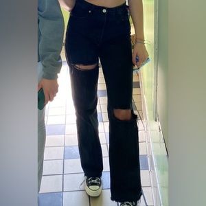 ZARA high waisted wide leg full length black ripped jeans